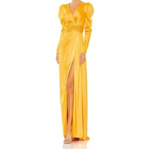 Mac Duggal Gold Yellow Satin Gown with Bishop Sleeves